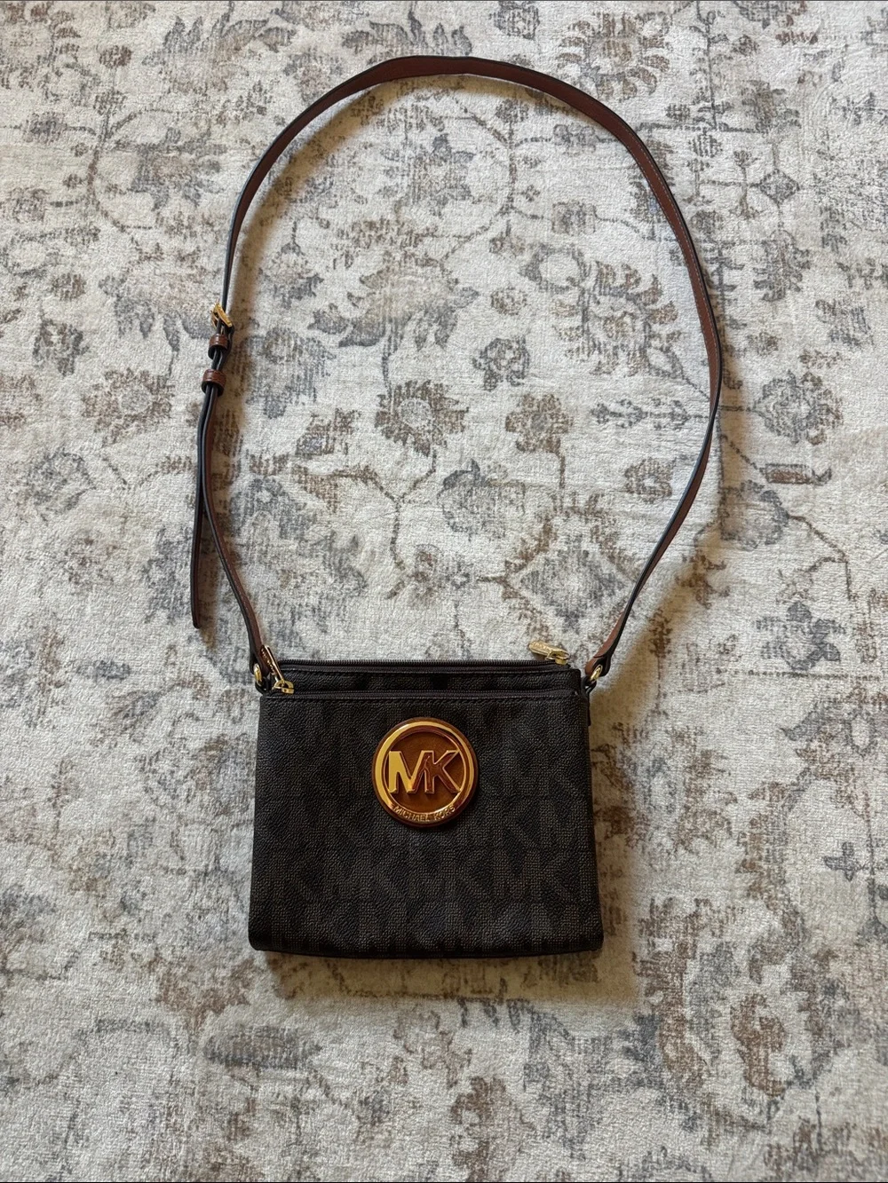 Michael Kors Dark Brown Logo Crossbody with Gold Emblem